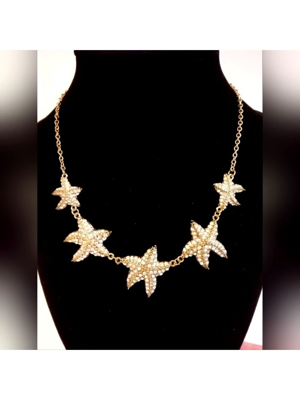 Traci Lynn"Sea Stars"Rhinestone Studded StarFish GoldTone Statement Necklace - Picture 1 of 9